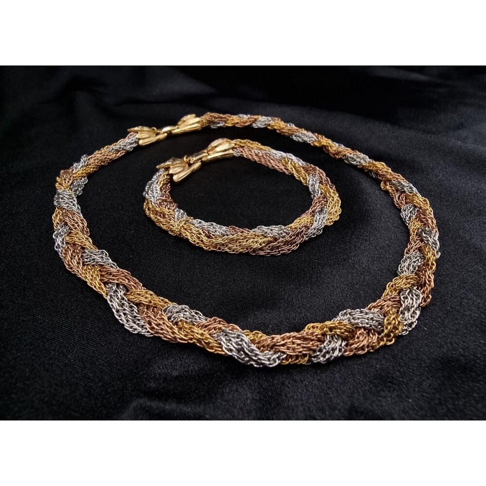 Vintage Trifari Braided Gold/Silver/Bronze Tone Necklace & Bracelet Set